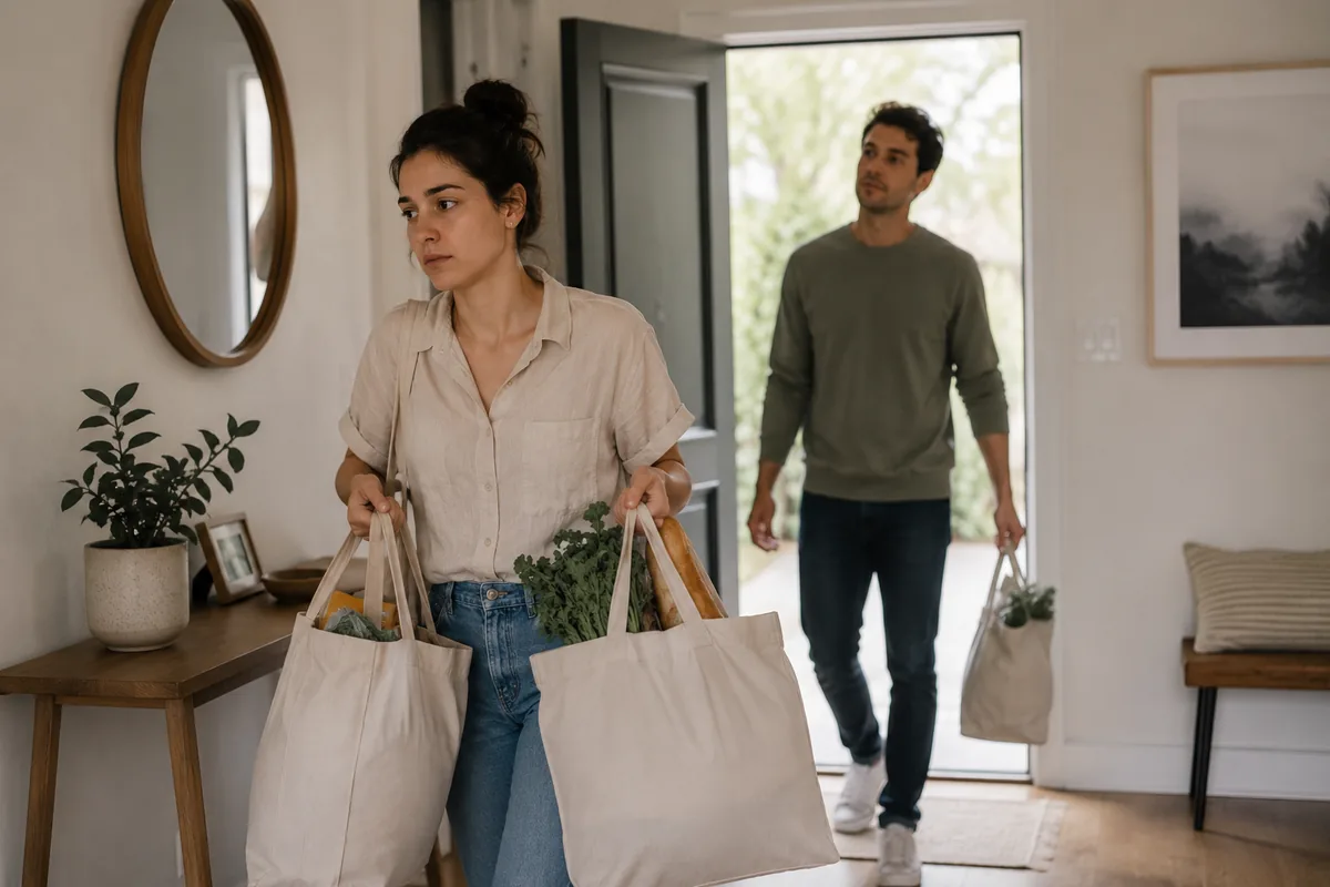 A woman carrying two heavy grocery bags while her partner follows with just one, showing an uneven share of the household load