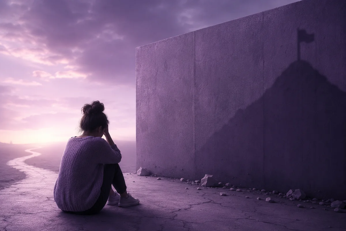 A woman sitting against a tall wall at dusk with her head in her hands, the shadow of a summit and a flag rising behind the wall, suggesting a goal that feels out of reach