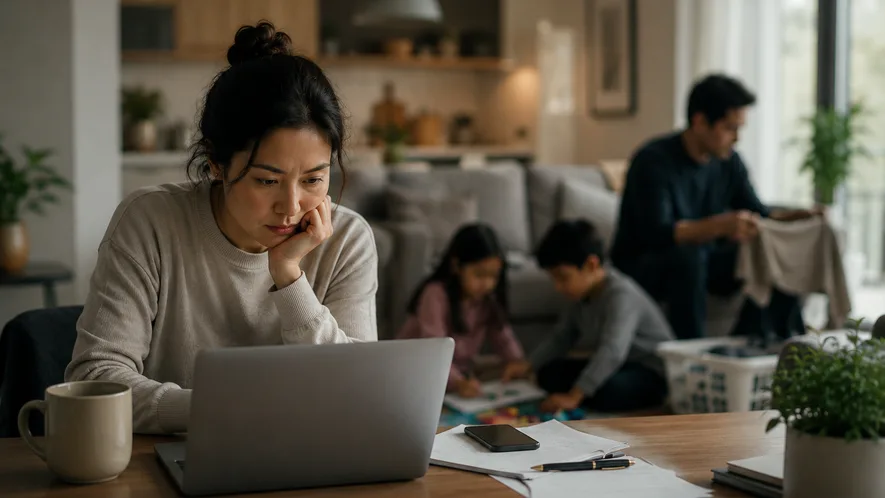 A working parent on a laptop while family responsibilities continue in the background