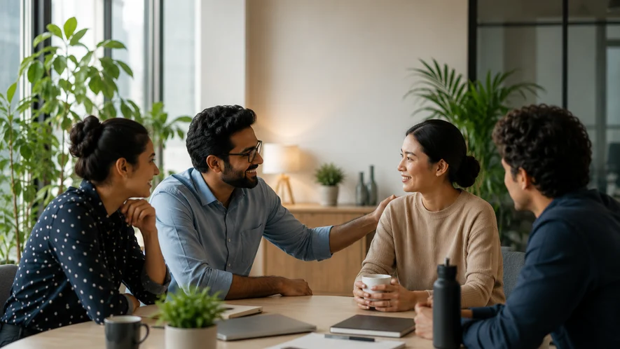 A team sitting together in a calm workplace support conversation